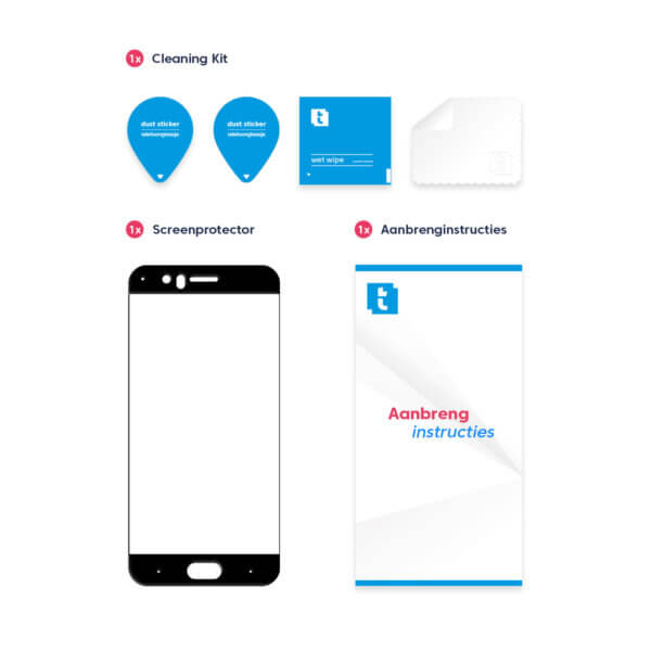 Inhoud verpakking OnePlus 5 screenprotector Edge to Edge Zwart