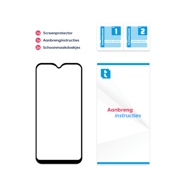 Inhoud verpakking Samsung Galaxy A20e screenprotector Edge to Edge