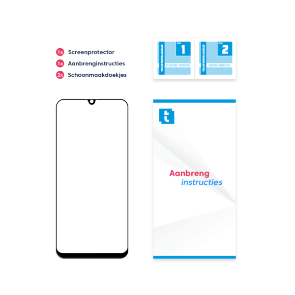 Inhoud verpakking Samsung Galaxy A50 screenprotector Edge to Edge