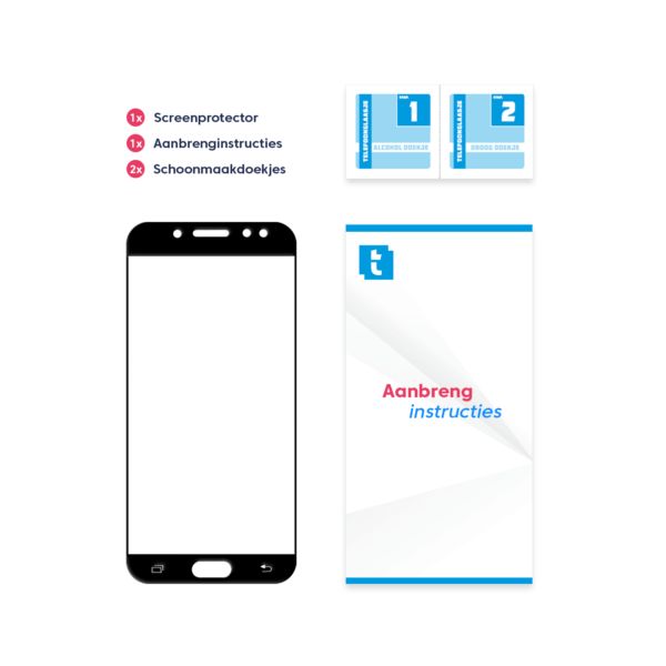 Inhoud verpakking Samsung Galaxy J5 2017 screenprotector Edge to Edge