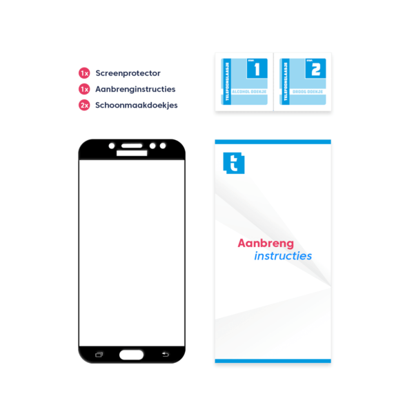 Inhoud verpakking Samsung Galaxy J7 2017 screenprotector Edge to Edge