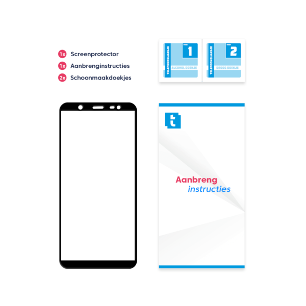 Inhoud verpakking Samsung Galaxy J8 2018 screenprotector Edge to Edge