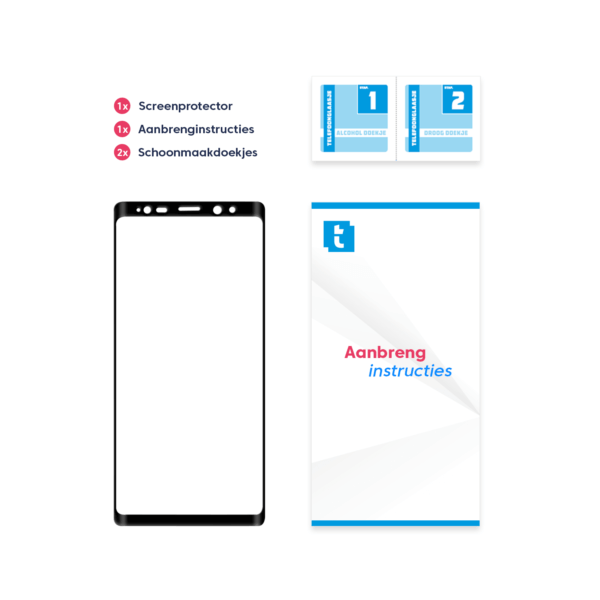 Inhoud verpakking Samsung Galaxy Note 8 screenprotector Edge to Edge