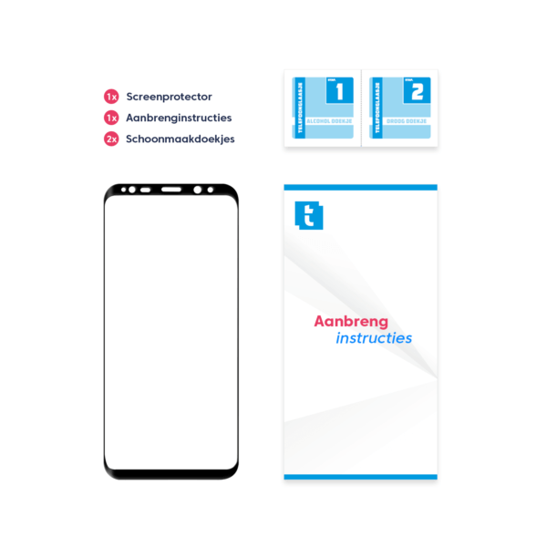 Inhoud verpakking Samsung Galaxy S8 Plus screenprotector Edge to Edge