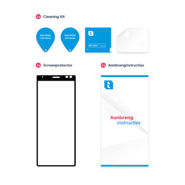 Inhoud verpakking Sony Xperia 10 Plus screenprotector Edge to Edge