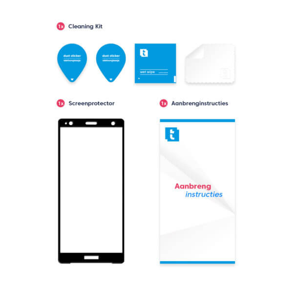 Inhoud verpakking Sony Xperia XZ2 screenprotector Edge to Edge
