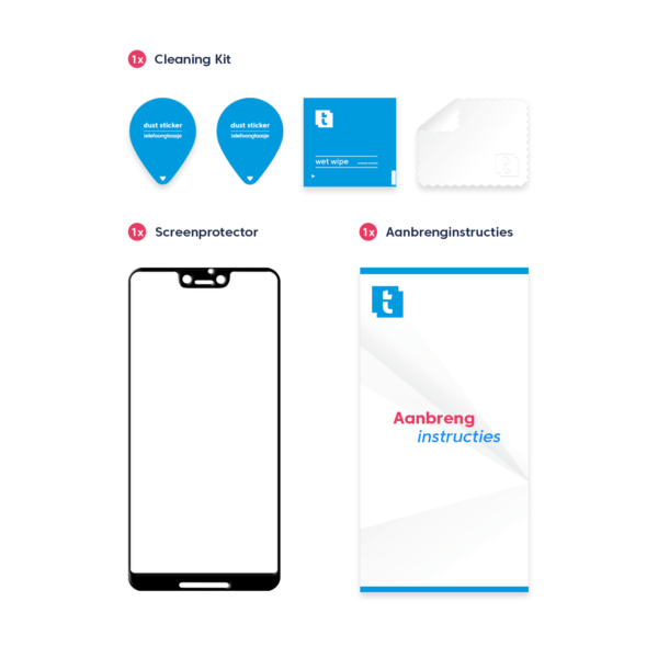 Inhoud verpakking Google Pixel 3 XL screen protector Edge to Edge