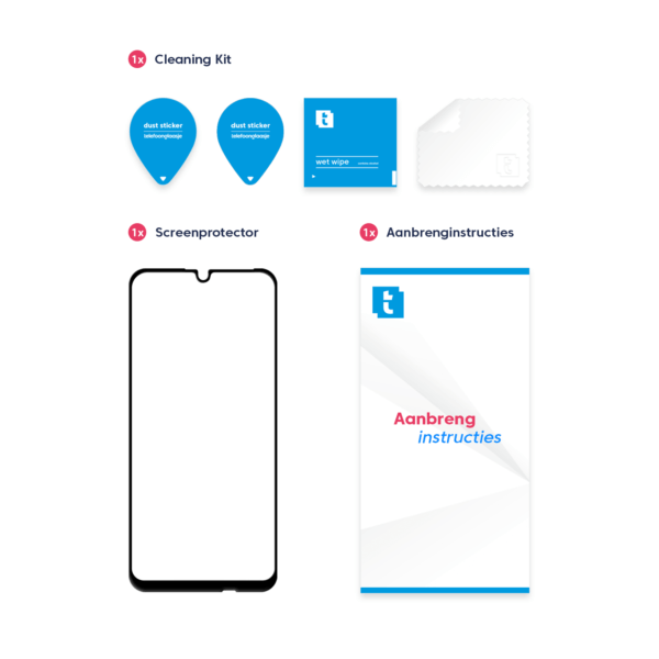 Inhoud verpakking Huawei P Smart 2019 screenprotector Edge to Edge