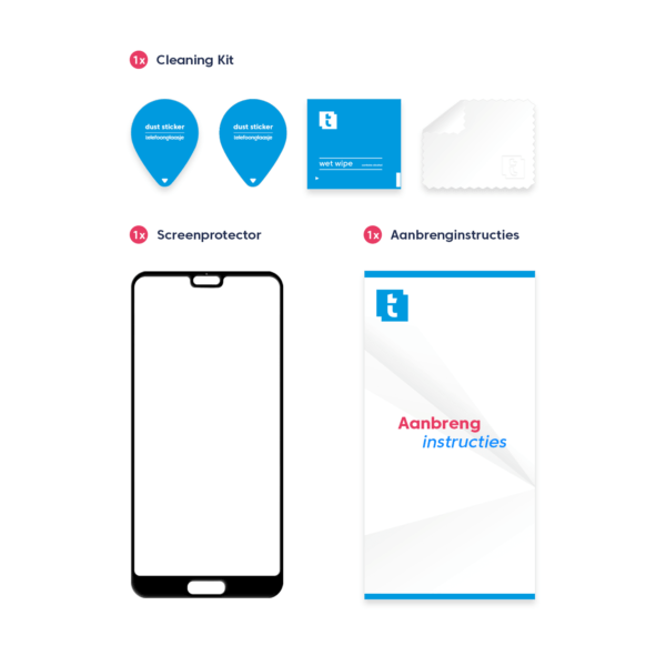 Inhoud verpakking Huawei P20 screenprotector Edge to Edge