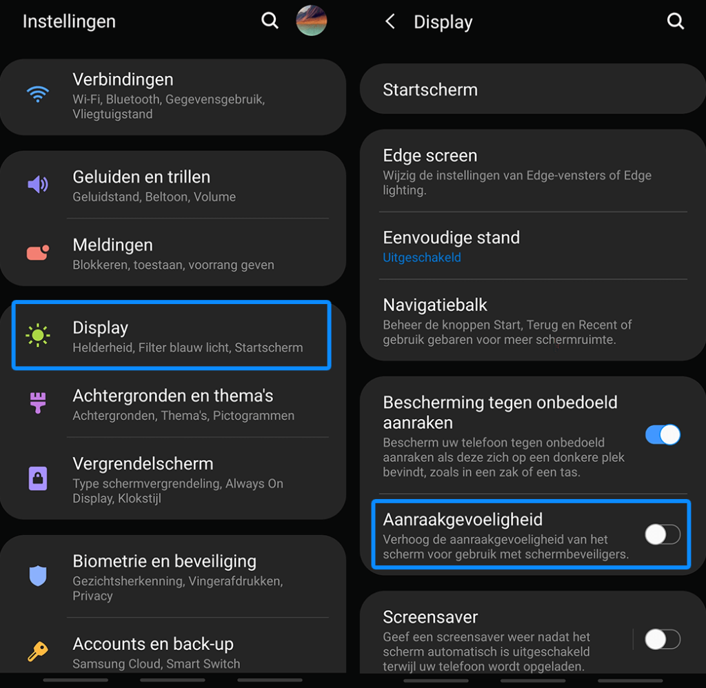 Samsung GalaxyS 10 touchscreen settings