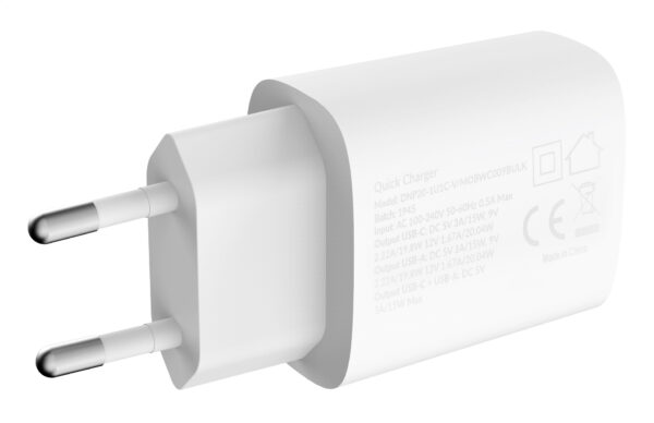 Mobilize Wall Charger USB-C + USB 20W White diagonaal 2
