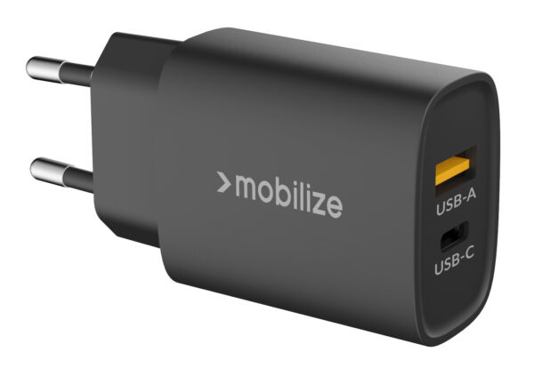 Mobilize Wall Charger USB-C + USB 20W Zwart Diagonaal 1