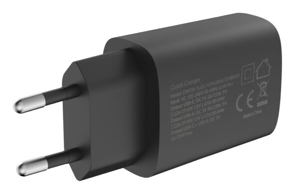 Mobilize Wall Charger USB-C + USB 20W Zwart Diagonaal 2