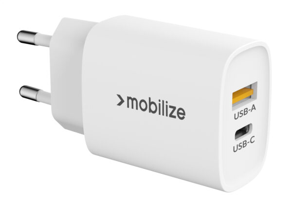 Mobilize Wall Charger USB-C + USB 20W White diagonaal 1