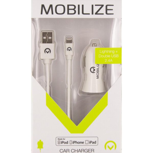 Mobilize Car Charger Dual USB 24W + Apple Lightning Cable 1m. White verpakking