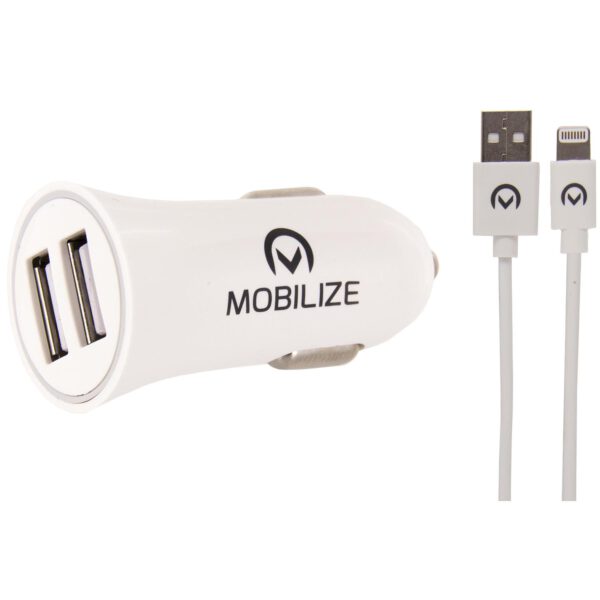 Mobilize Car Charger Dual USB 24W + Apple Lightning Cable 1m. White zonder logo