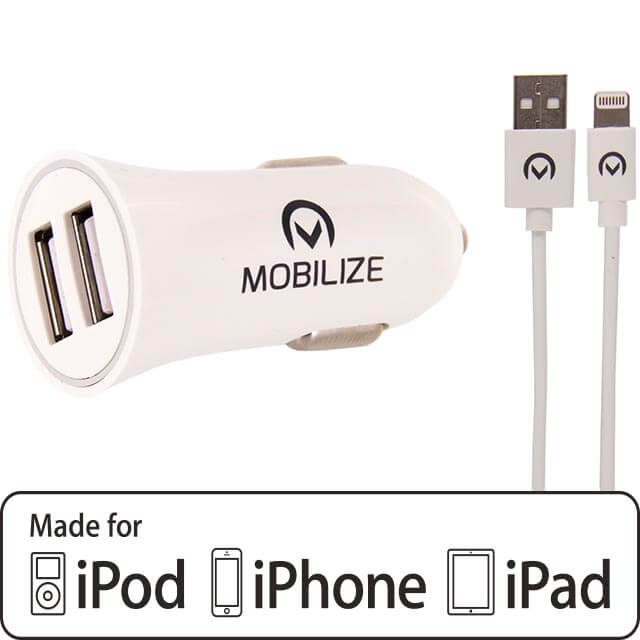 Mobilize Car Charger 2x USB + USB to Apple MFi Lighting Cable 24W 1m. White