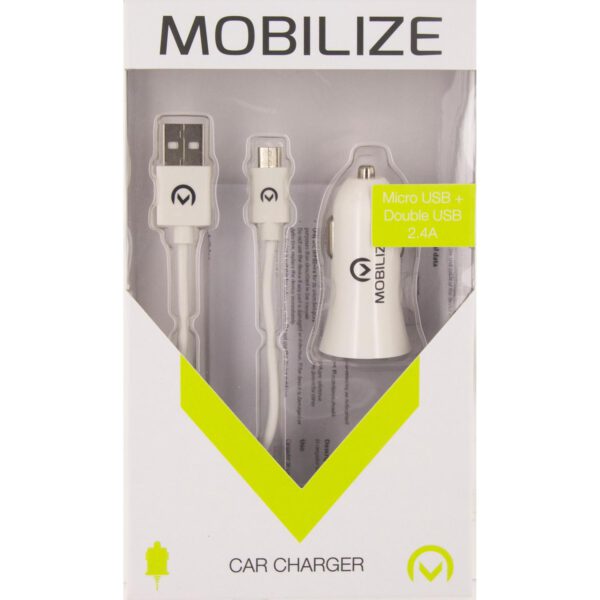 Mobilize Car Charger Dual USB 12W + Micro-USB Cable 1m. White verpakking