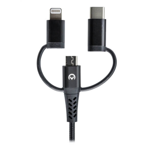 Mobilize Strong Nylon Cable 3in1 USB to Micro-USB, USB-C, Apple Lightning 1.5m Black USB connectoren 1