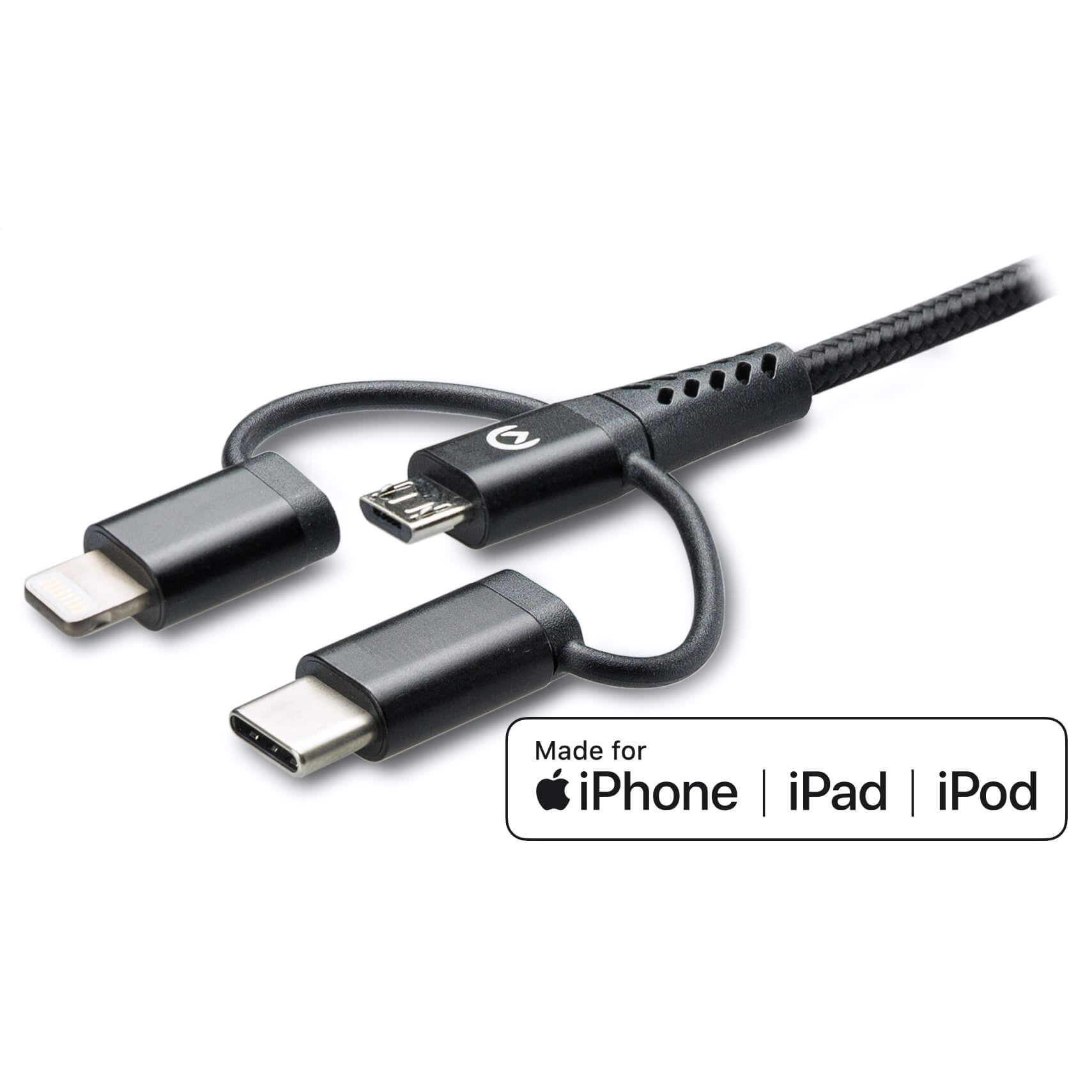Mobilize Nylon Kabel 3in1 USB-A naar Micro USB, USB-C, Apple MFI Lightning 1.5 meter Zwart