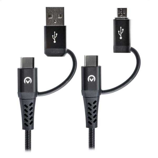 Mobilize Strong Nylon Cable 4in1 USB, USB-C to Micro USB, USB-C 1.5m Black beide connectoren