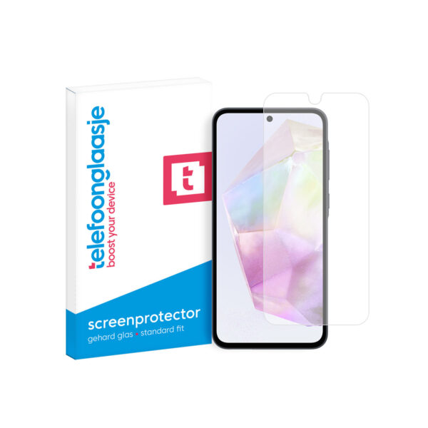 Telefoonglaasje Samsung Galaxy A35 gehard glas screenprotector standard fit met verpakking
