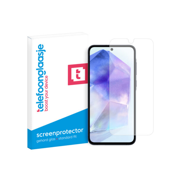 Telefoonglaasje Samsung Galaxy A55 gehard glas screenprotector standard fit met verpakking